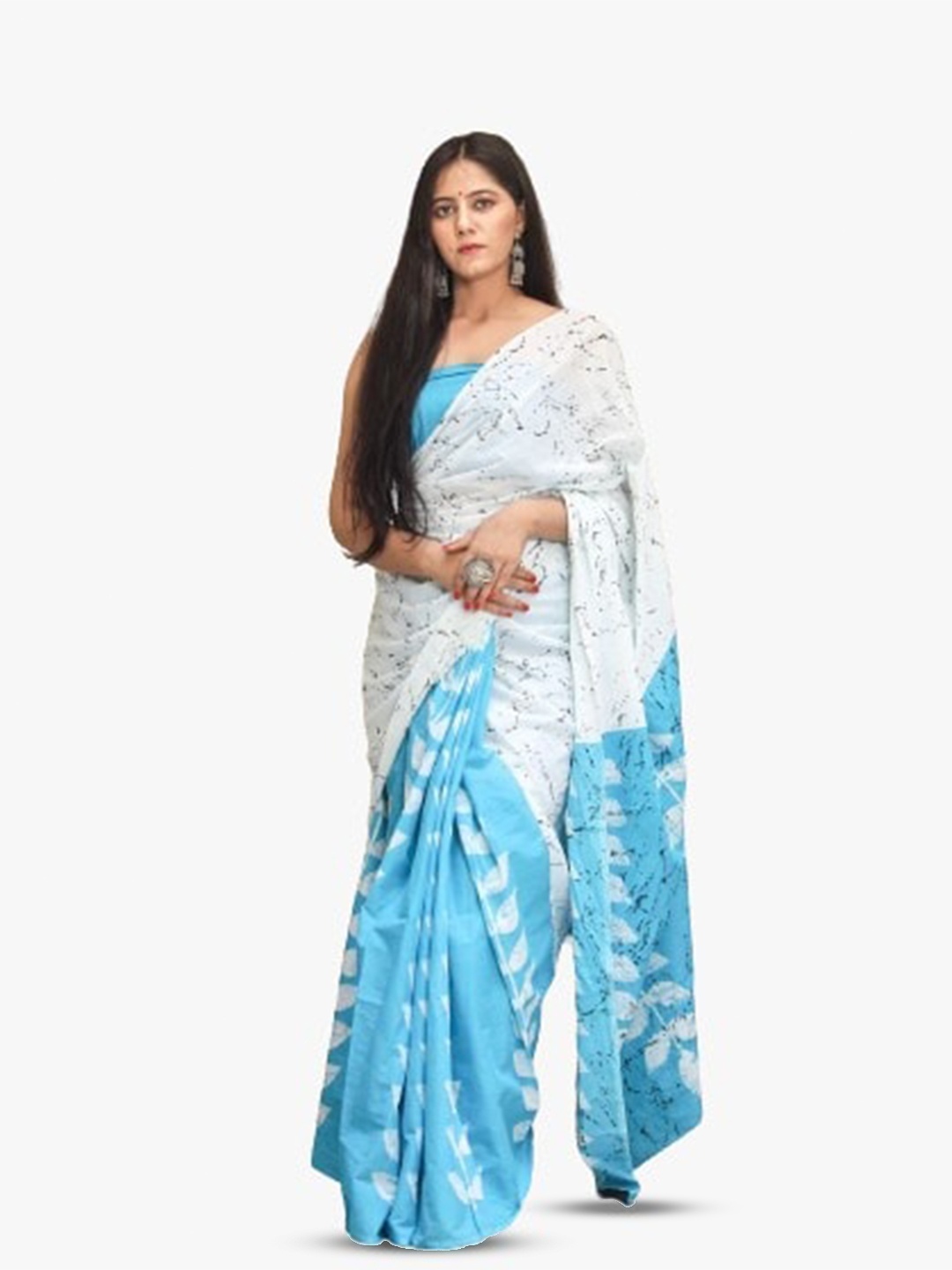 

TROPWEAR Floral Pure Cotton Block Print Saree, Blue