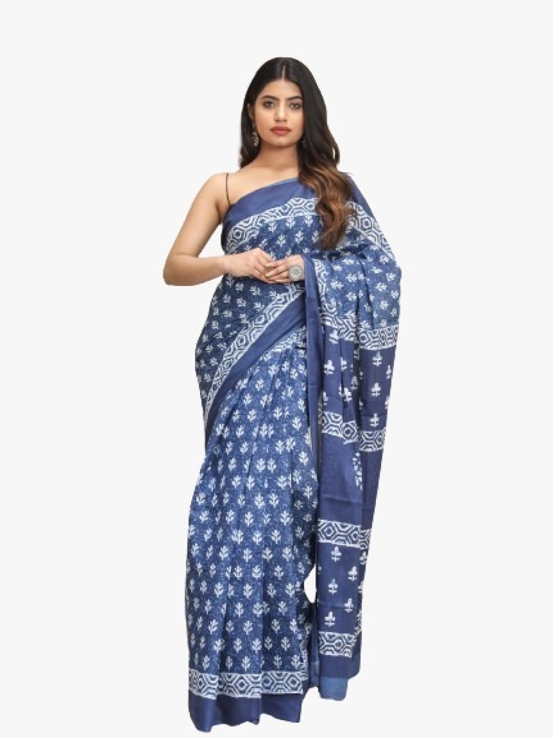 

TROPWEAR Ethnic Motifs Pure Cotton Block Print Saree, Navy blue
