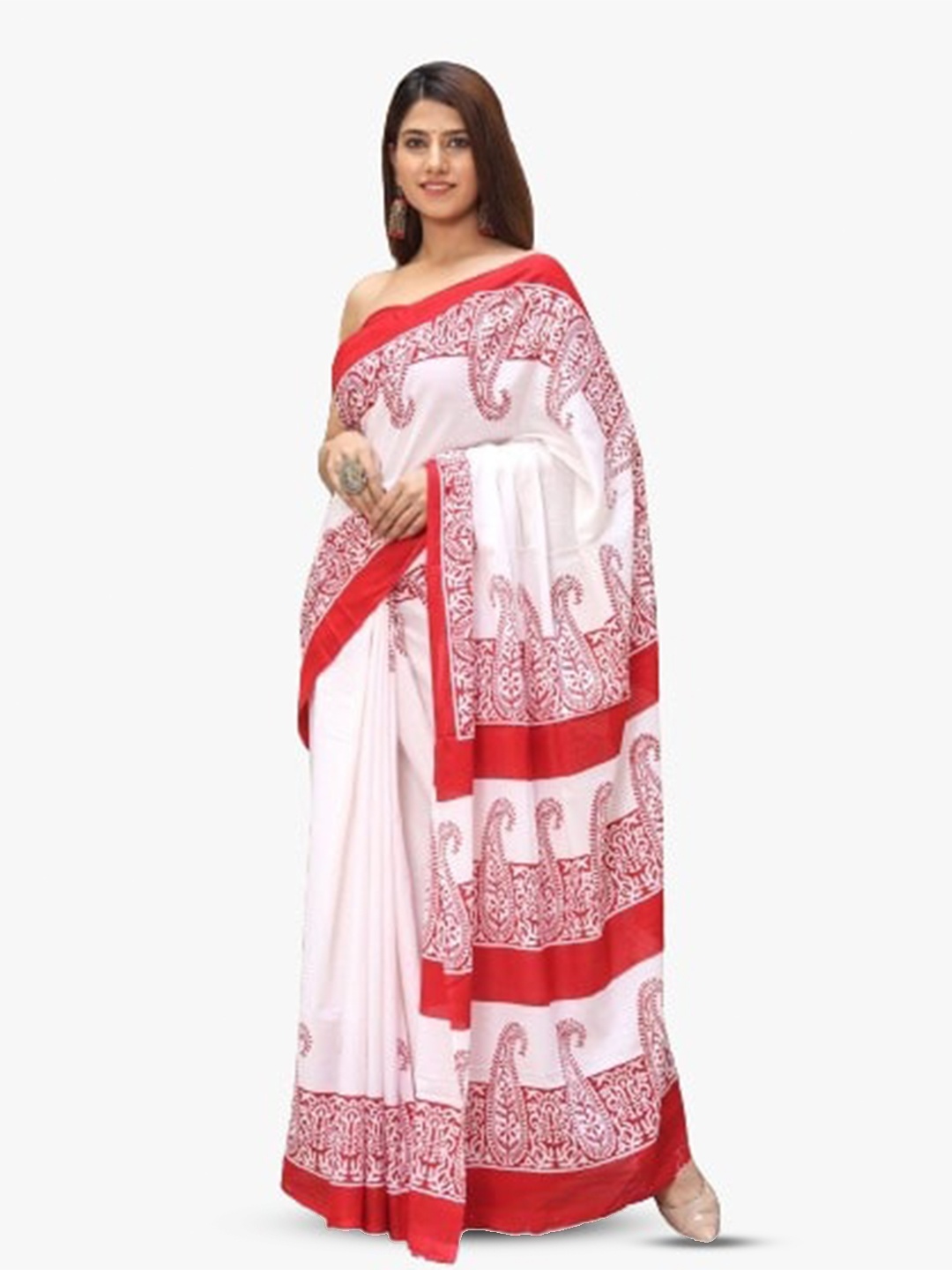 

TROPWEAR Ethnic Motifs Pure Cotton Block Print Saree, White