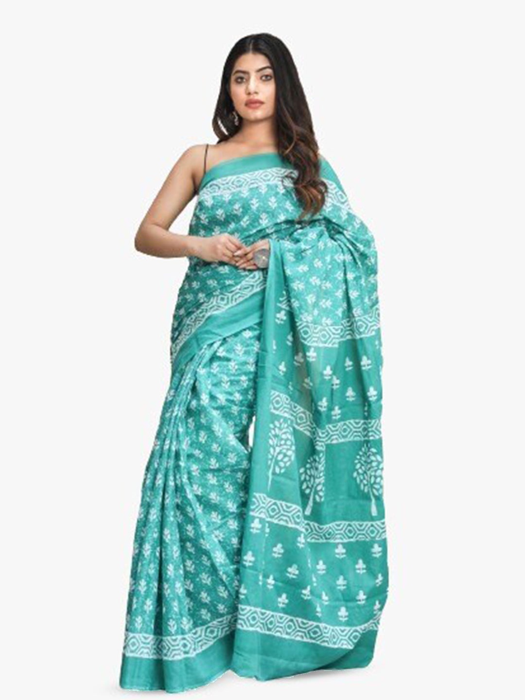 

TROPWEAR Ethnic Motifs Pure Cotton Block Print Saree, Green