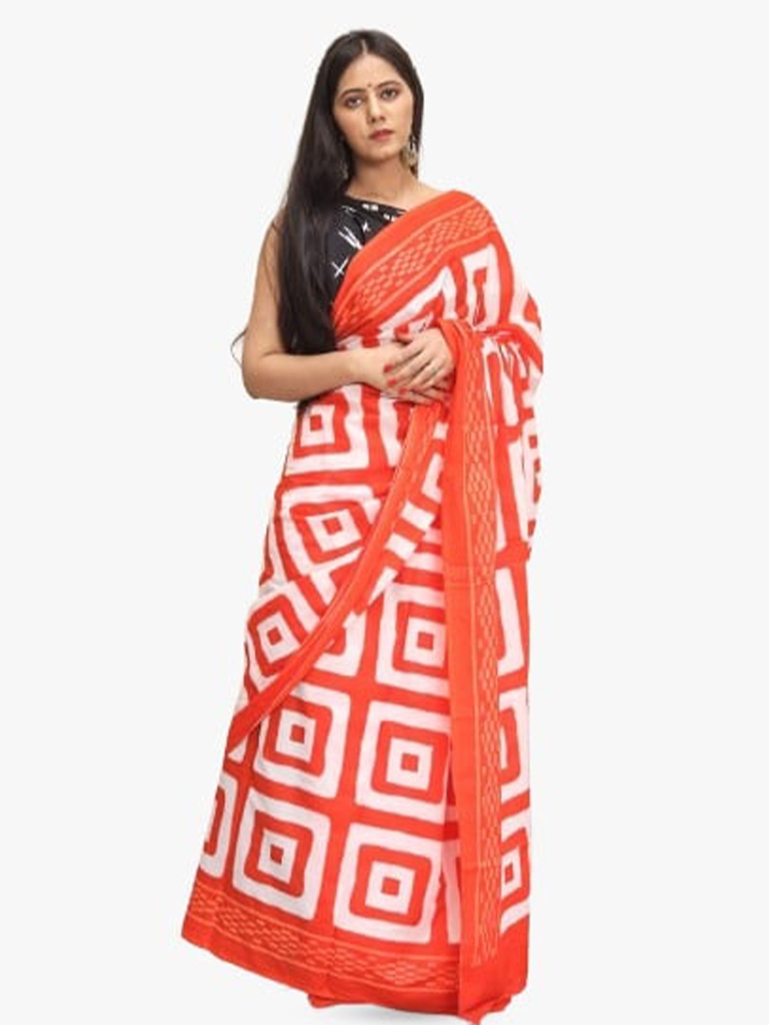 

TROPWEAR Pure Cotton Block Print Saree, Orange