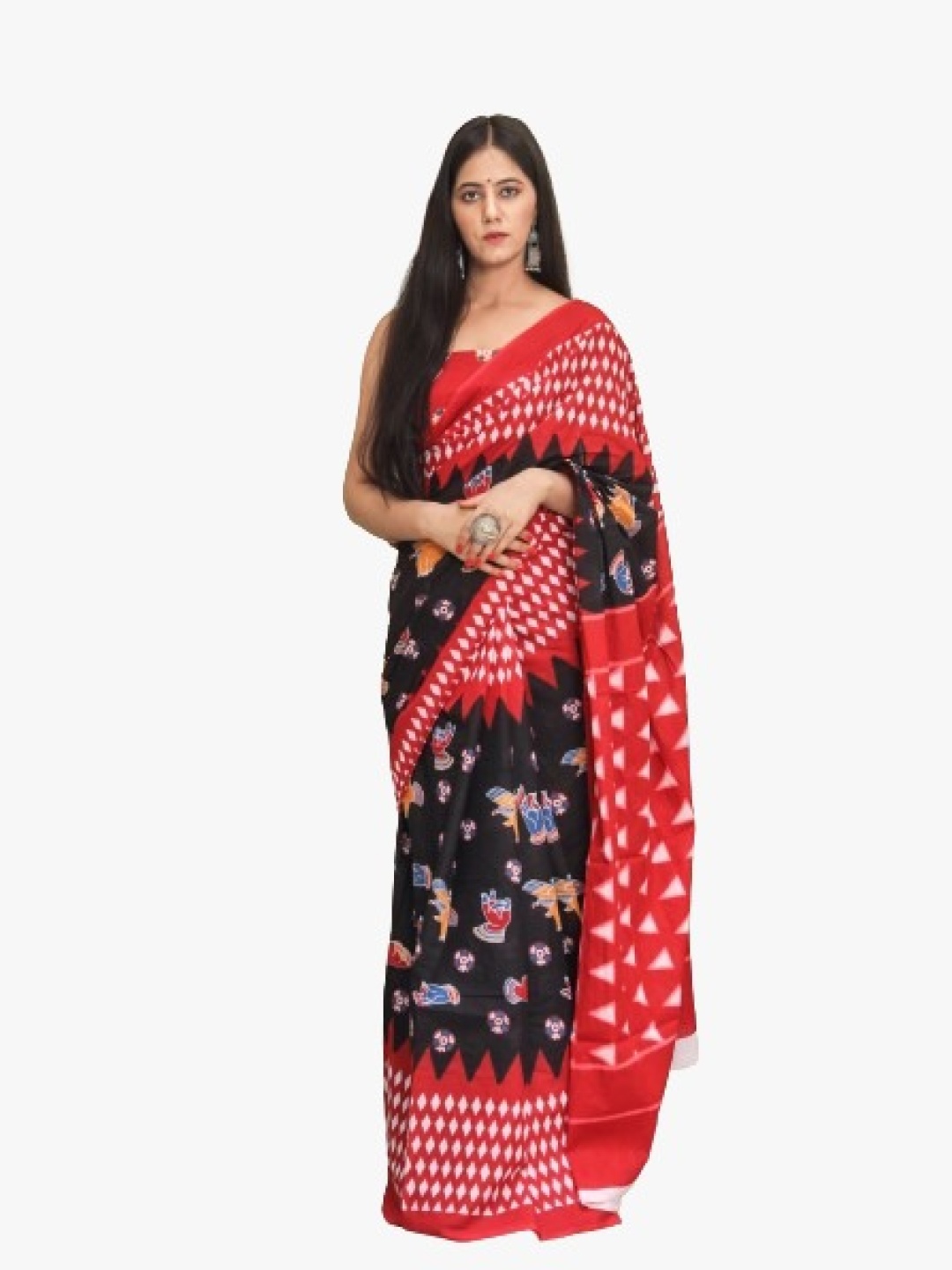 

TROPWEAR Pure Cotton Block Print Saree, Black