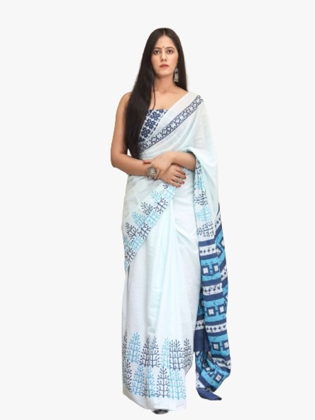 

TROPWEAR Ethnic Motifs Pure Cotton Block Print Saree, White