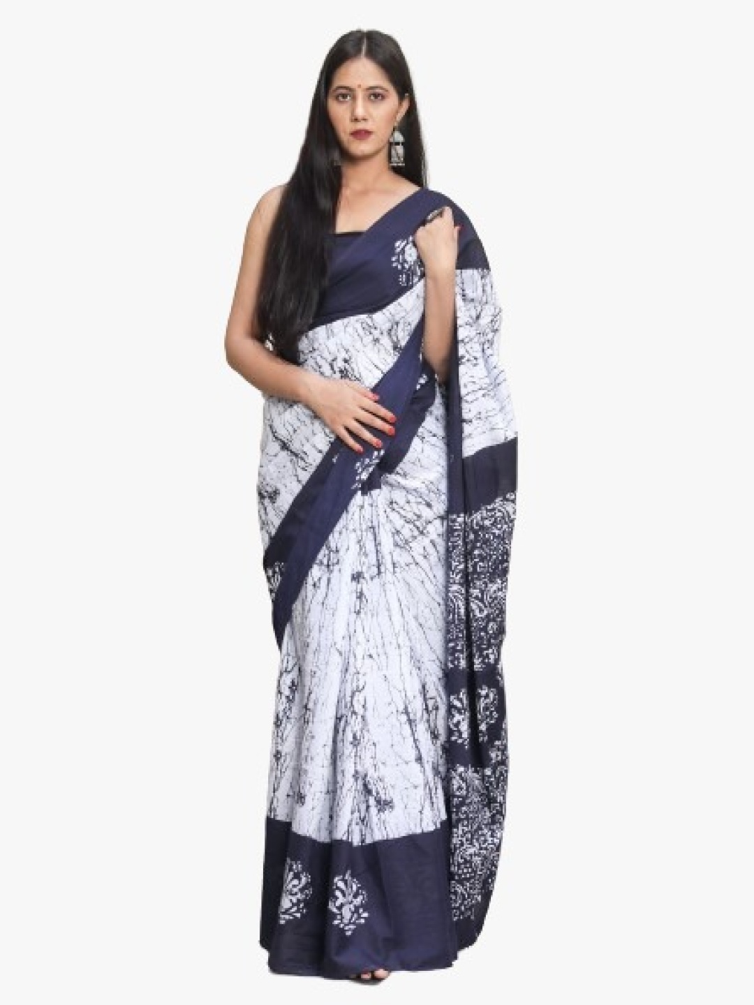 

TROPWEAR Pure Cotton Block Print Saree, White