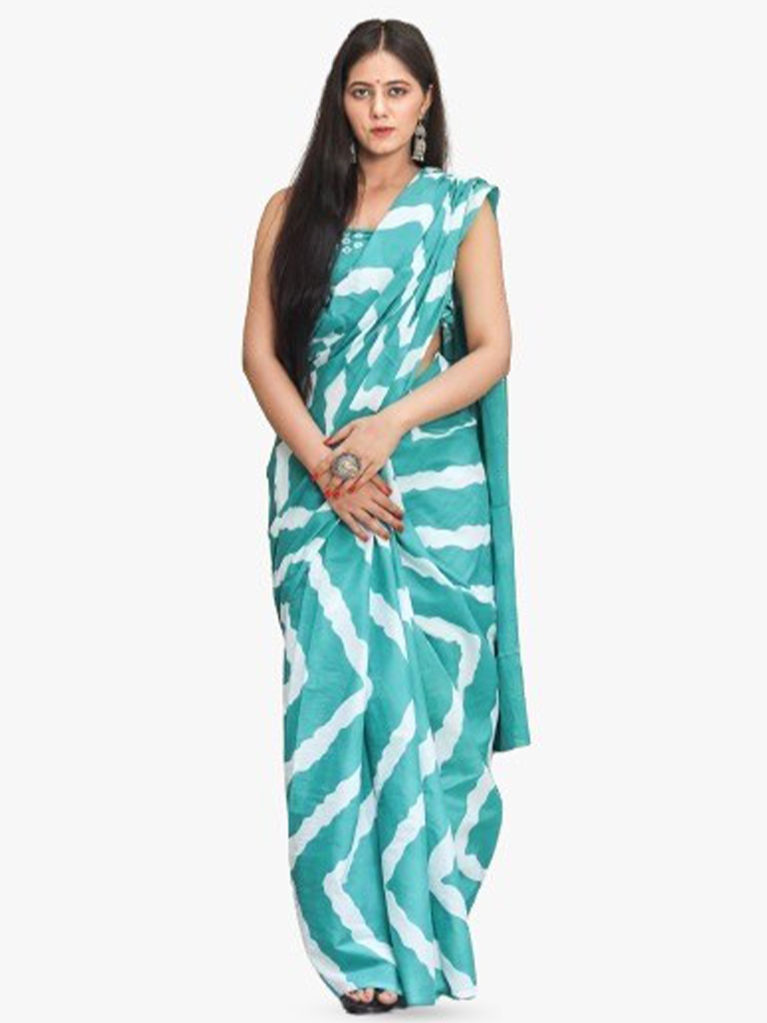 

TROPWEAR Batik Pure Cotton Block Print Saree, Green