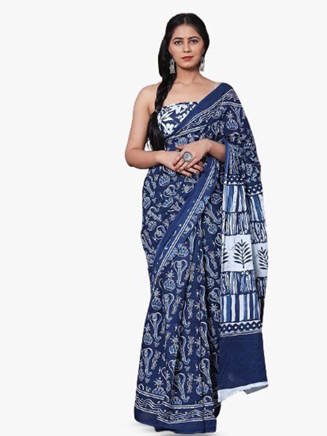 

TROPWEAR Ethnic Motifs Pure Cotton Block Print Saree, Blue