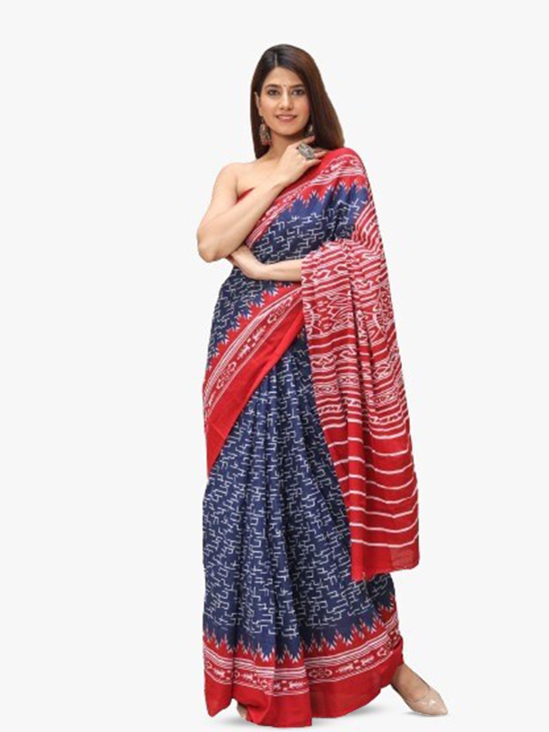 

clothonus Ethnic Motifs Pure Cotton Block Print Saree, Blue