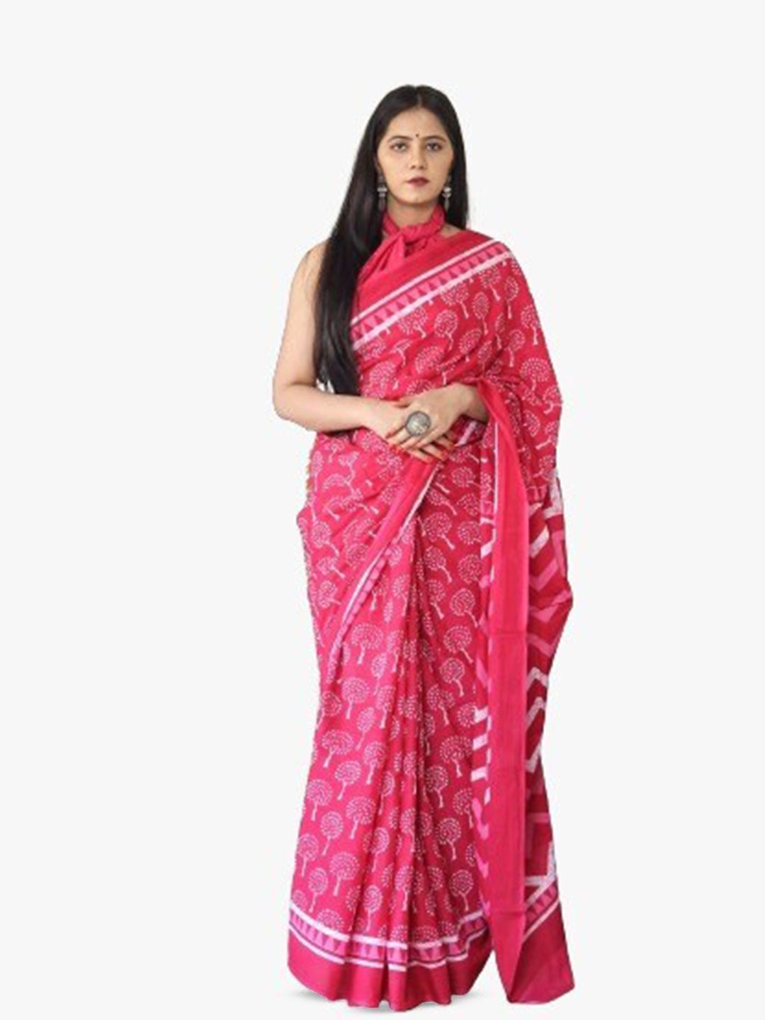 

clothonus Ethnic Motifs Block Print Pure Cotton Ikat Saree, Pink