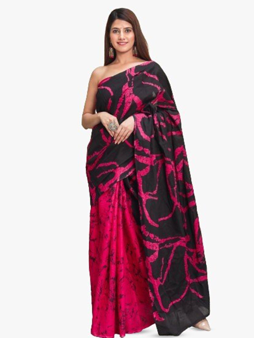 

clothonus Abstract Printed Pure Cotton Half And Half Ikat Saree, Red