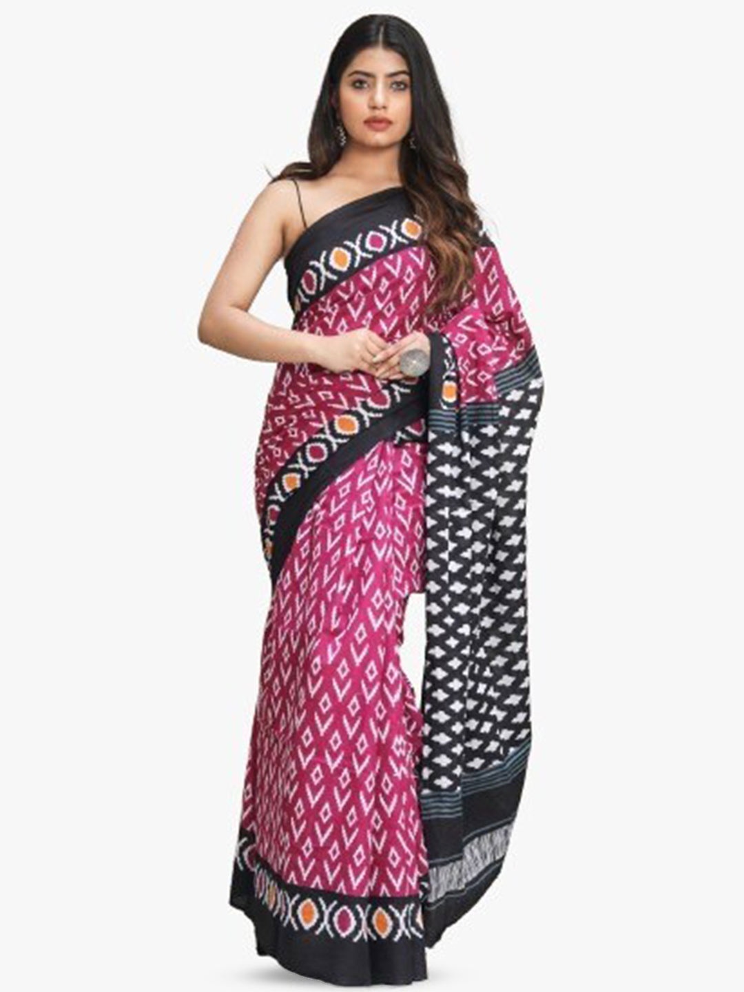 

clothonus Floral Pure Cotton Block Print Saree, Pink