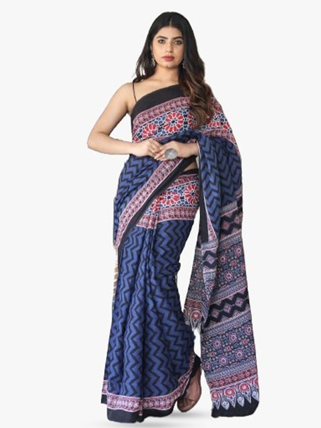 

clothonus Geometric Printed Pure Cotton Saree, Blue