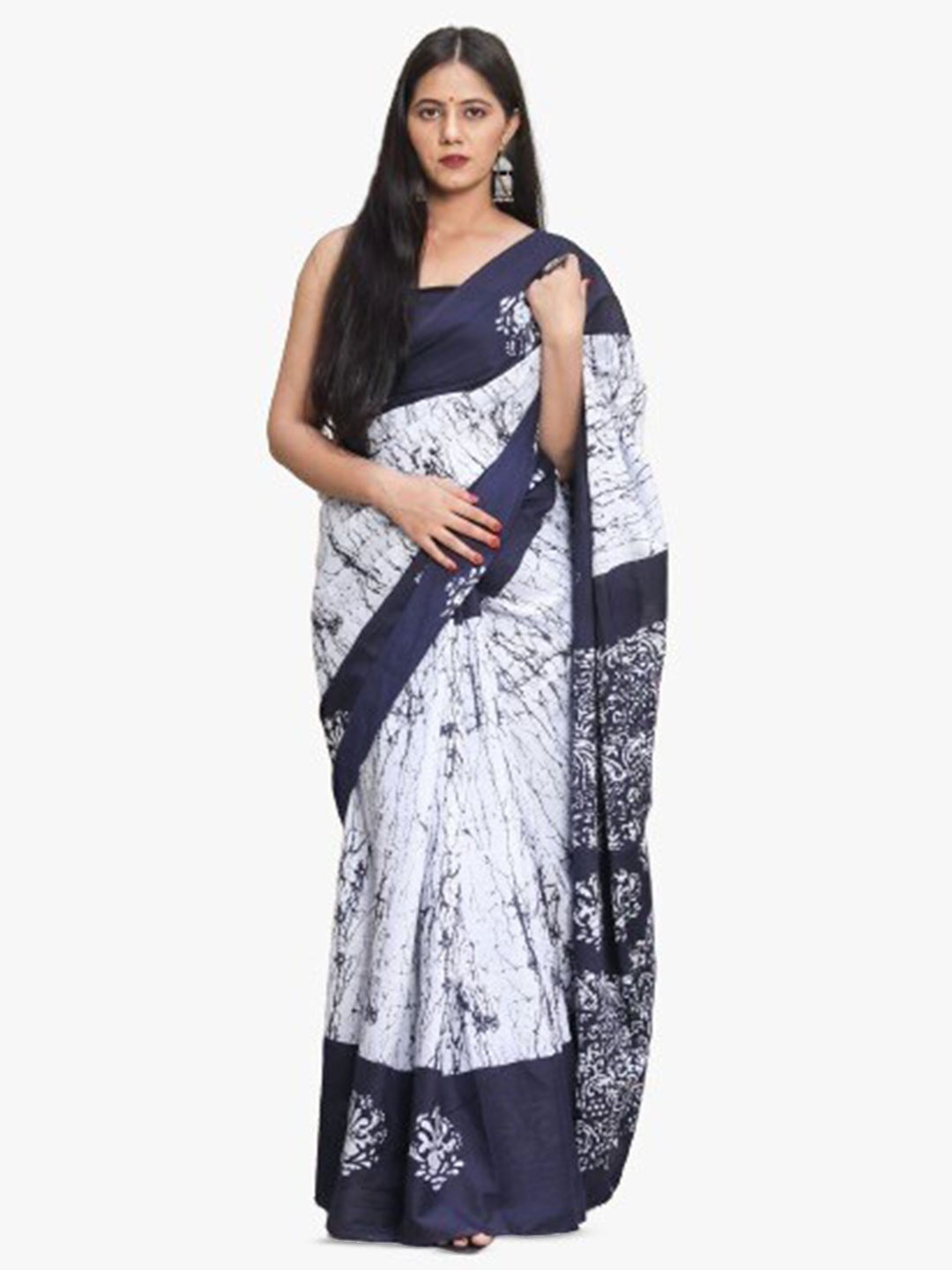 

clothonus Abstract Printed Pure Cotton Ikat Saree, White