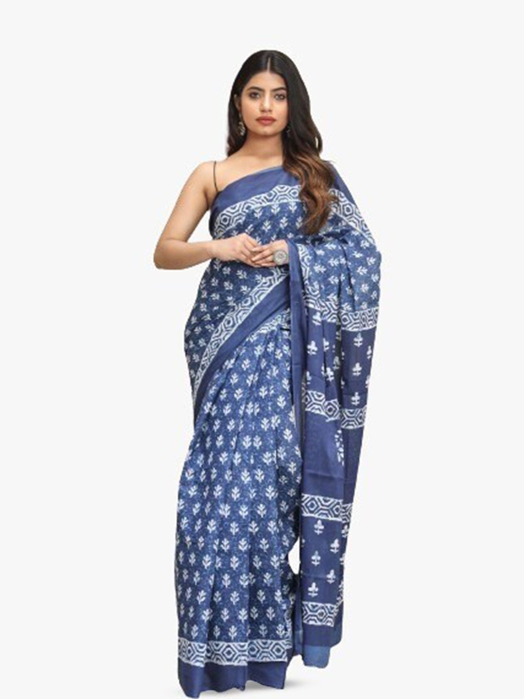 

clothonus Floral Printed Pure Cotton Ikat Saree, Blue