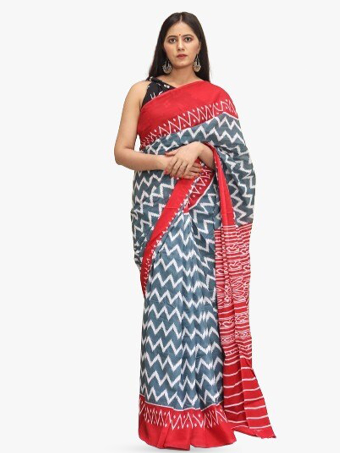 

clothonus Geometric Printed Pure Cotton Saree, Grey