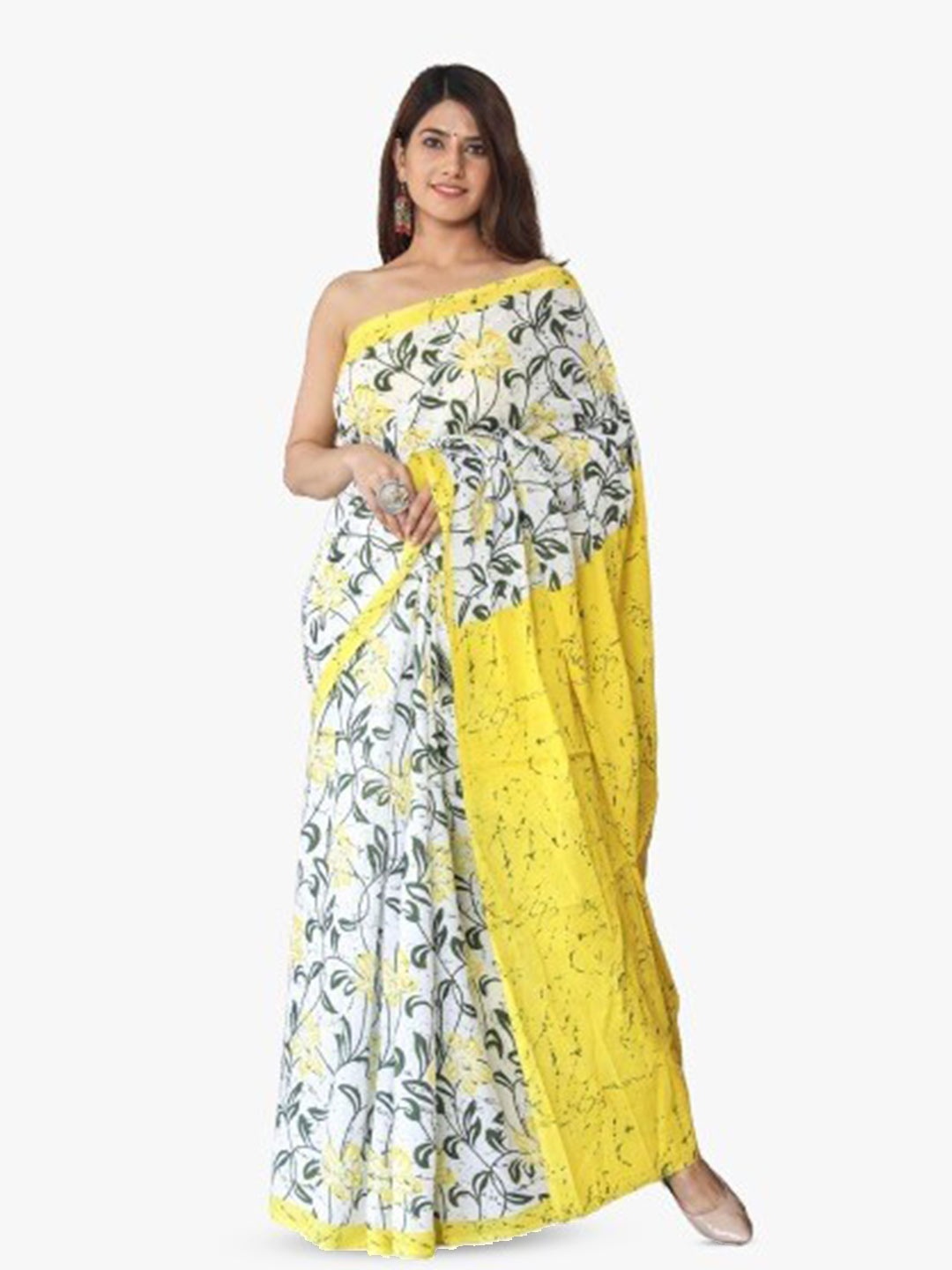 

clothonus Floral Printed Pure Cotton Ikat Saree, White