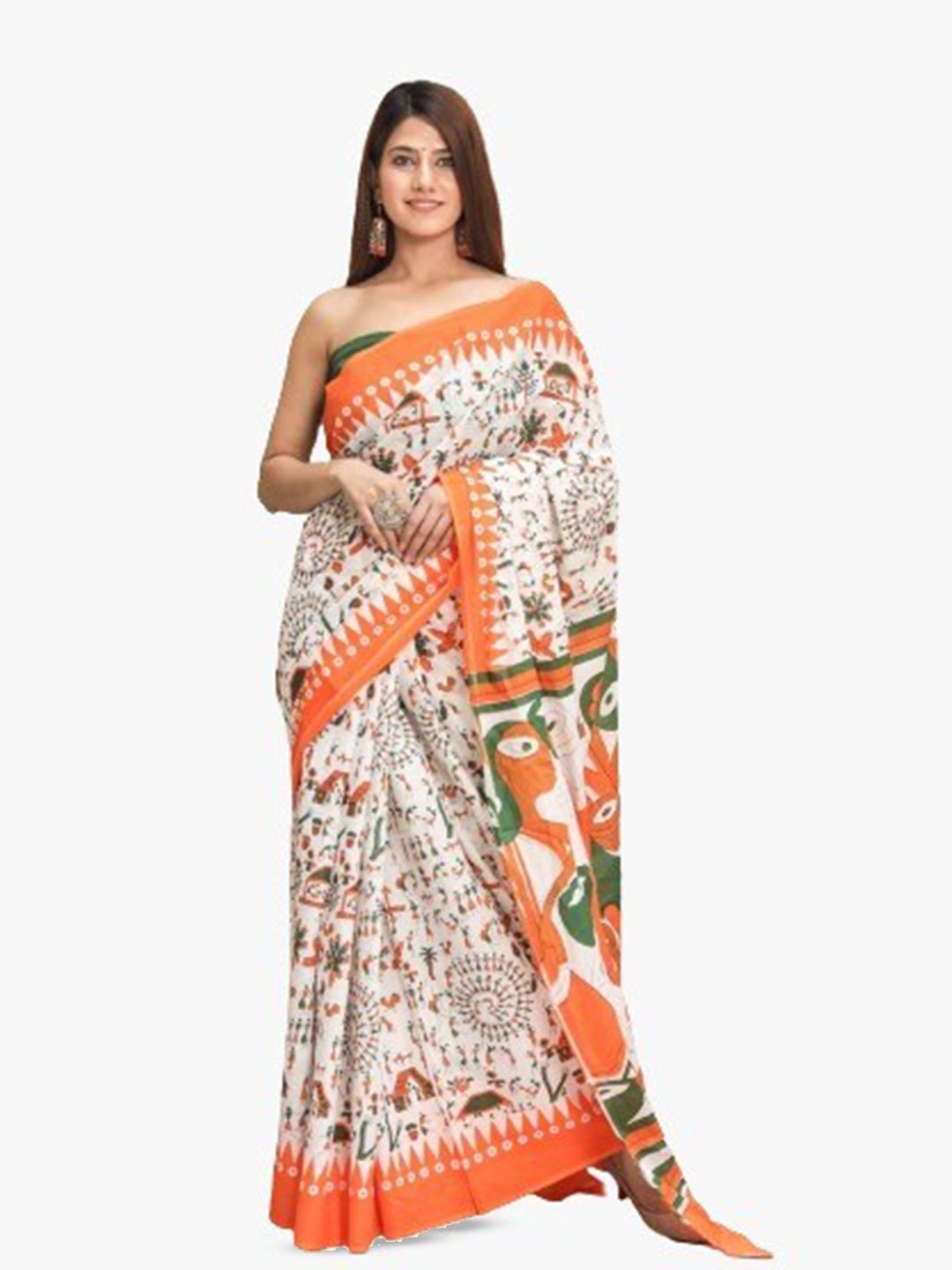 

clothonus Ethnic Motifs Pure Cotton Block Print Saree, Orange