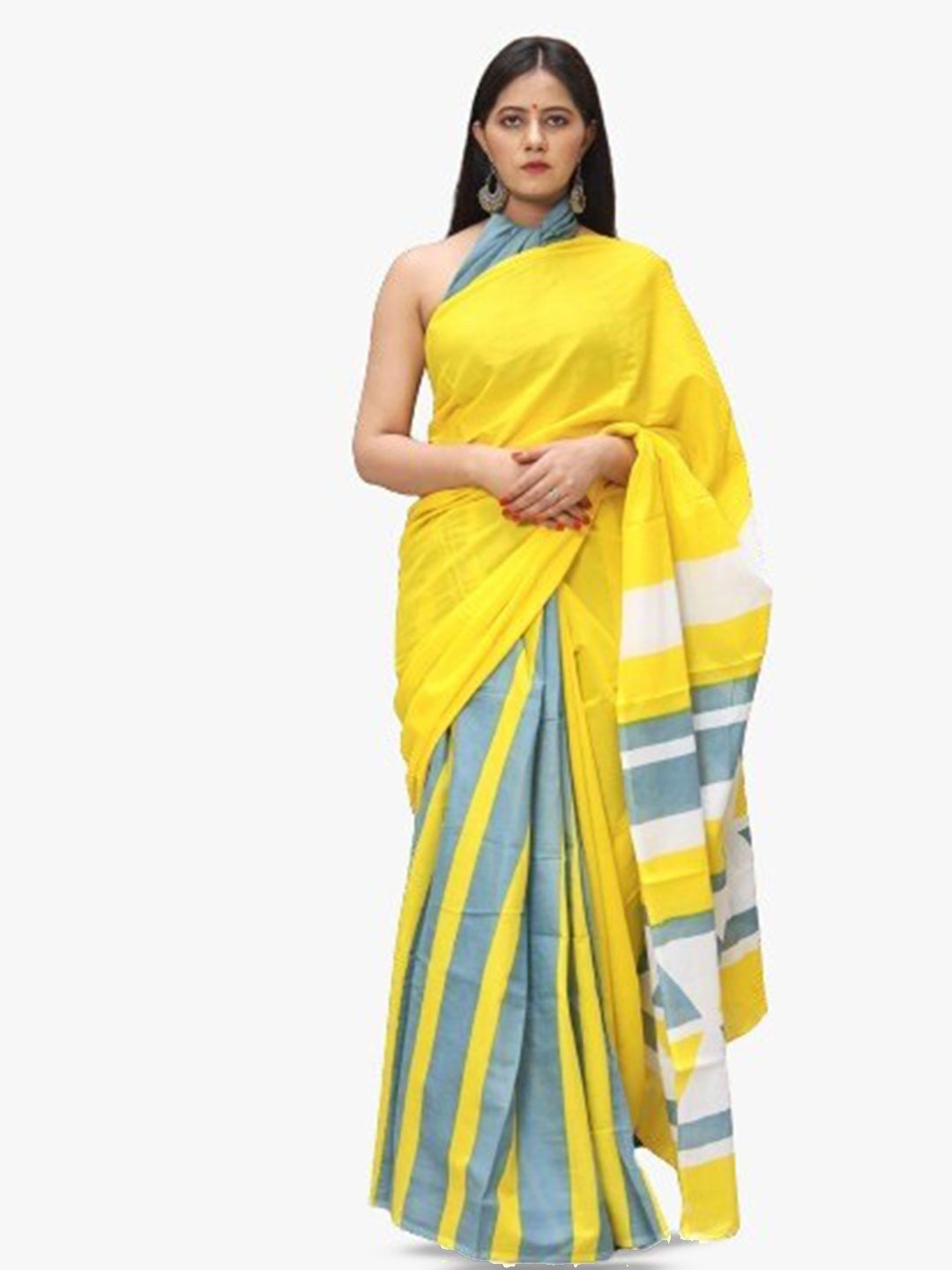 

clothonus Striped Printed Pure Cotton Ikat Saree, Yellow