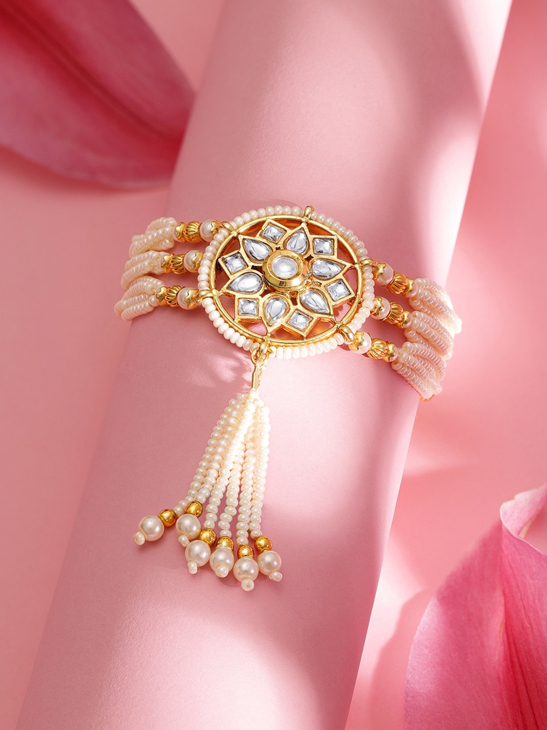 

Rubans 18K Gold Plated Kundan Studded and Pearl Beaded Handcrafted Link Bracelet