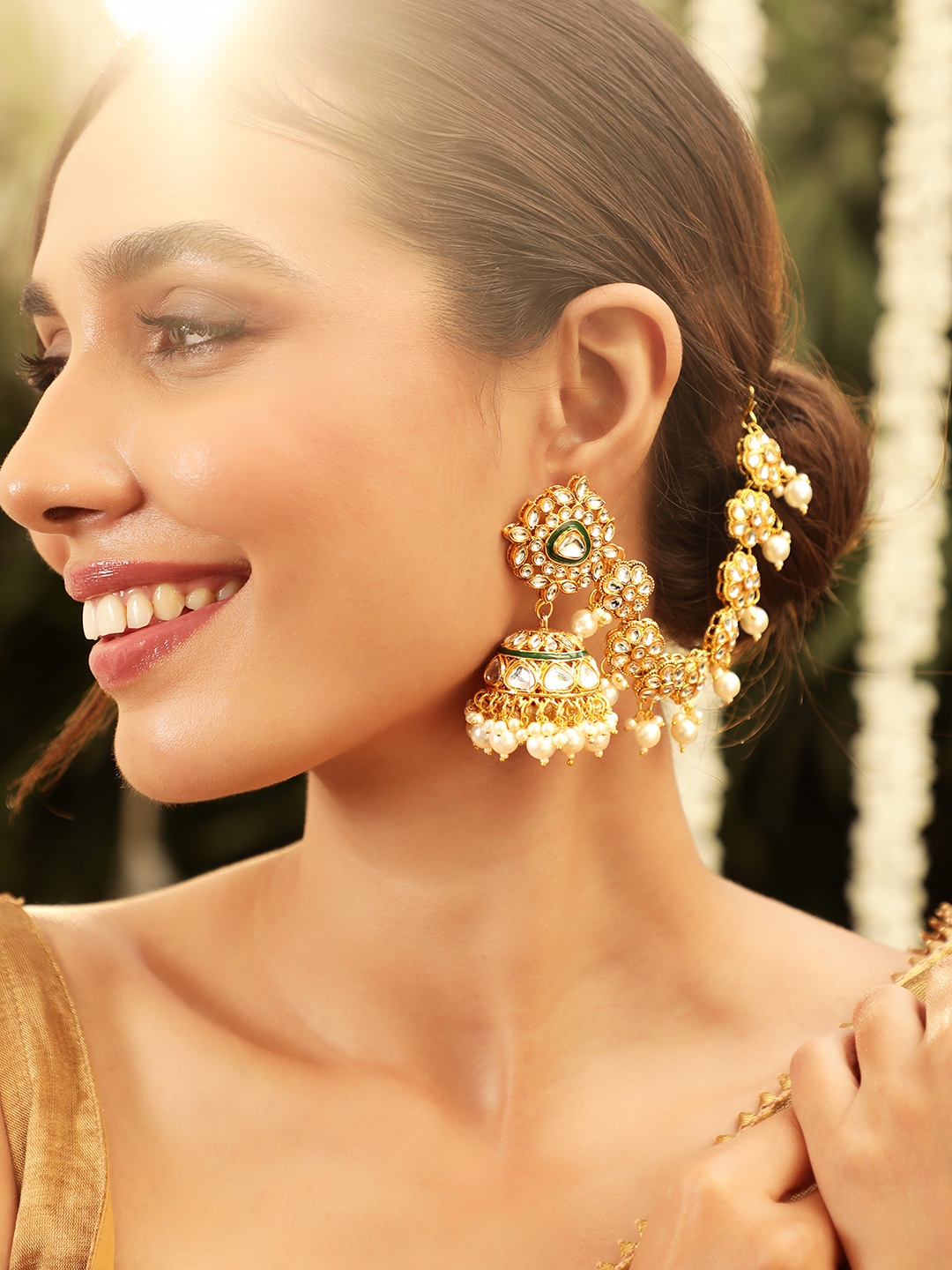 

Rubans 22K Gold Plated Kundan Crystal Kan Chain Earrings with Pearls & Green Enamel Detail