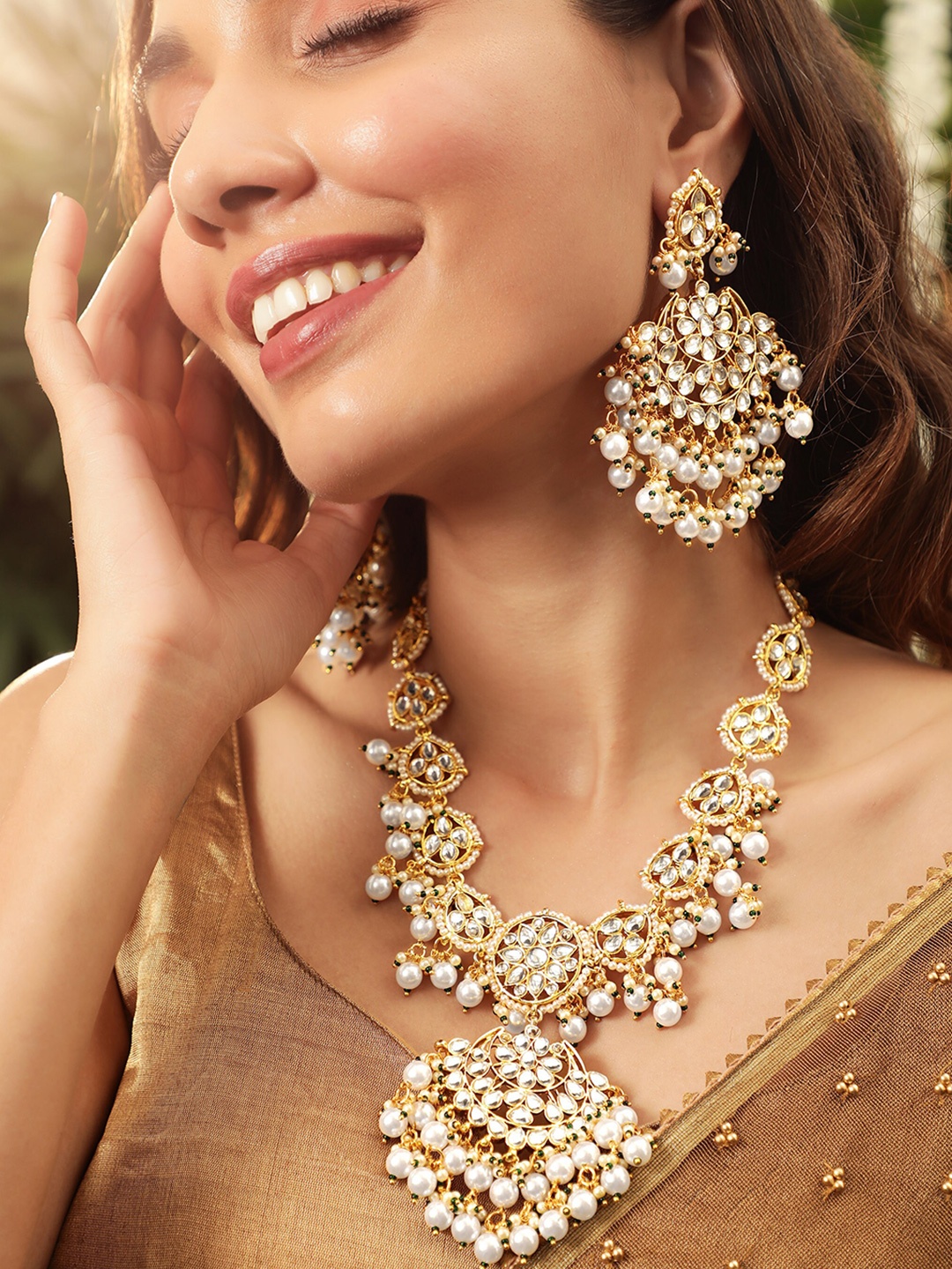 

Rubans Handcrafted Long 22K Gold-Plated Kundan-Studded Pearl-Beaded Chandbali Necklace Set