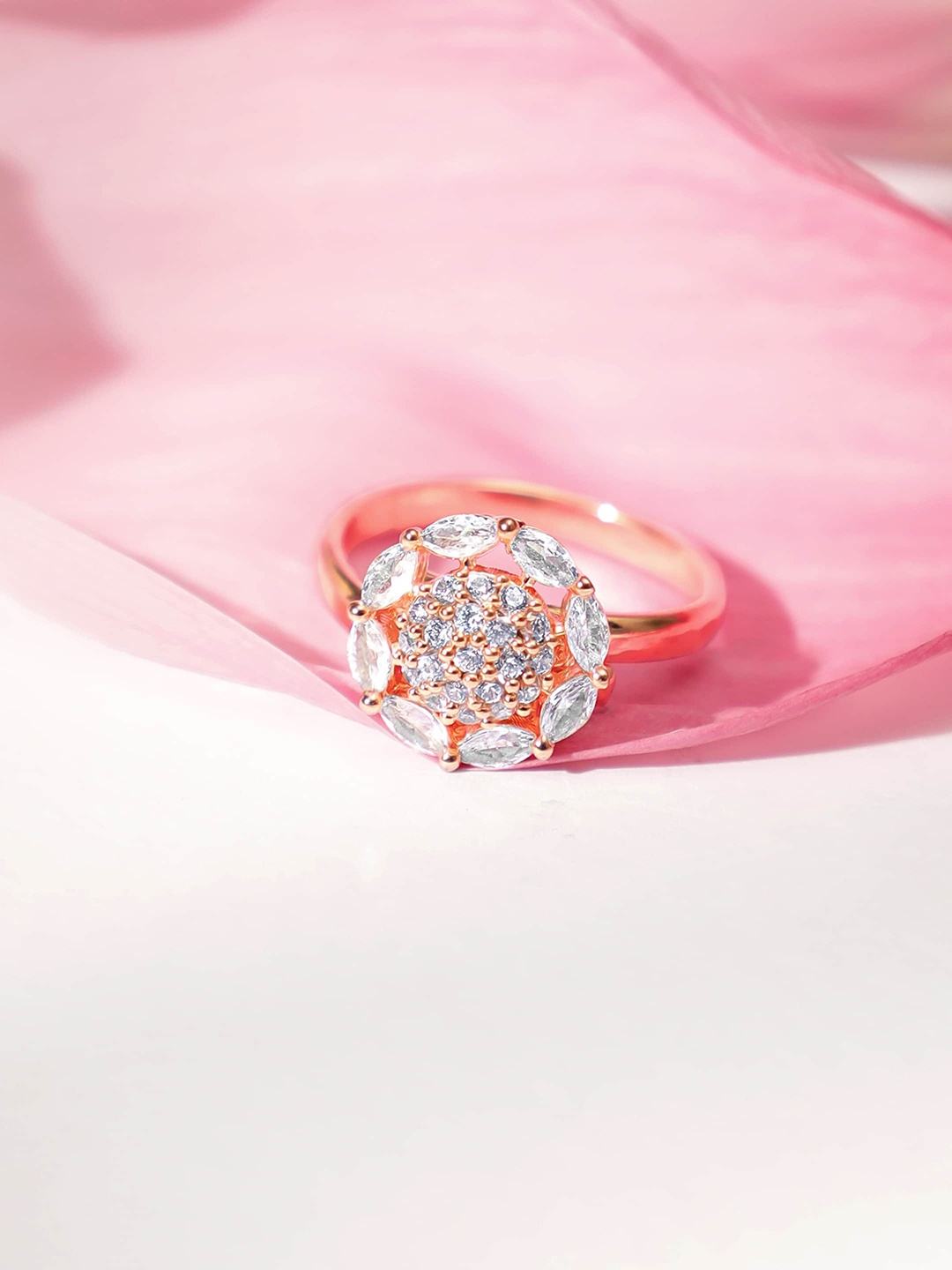 

Rubans 18K Rose Gold-Plated Floral Motif CZ Adjustable Ring