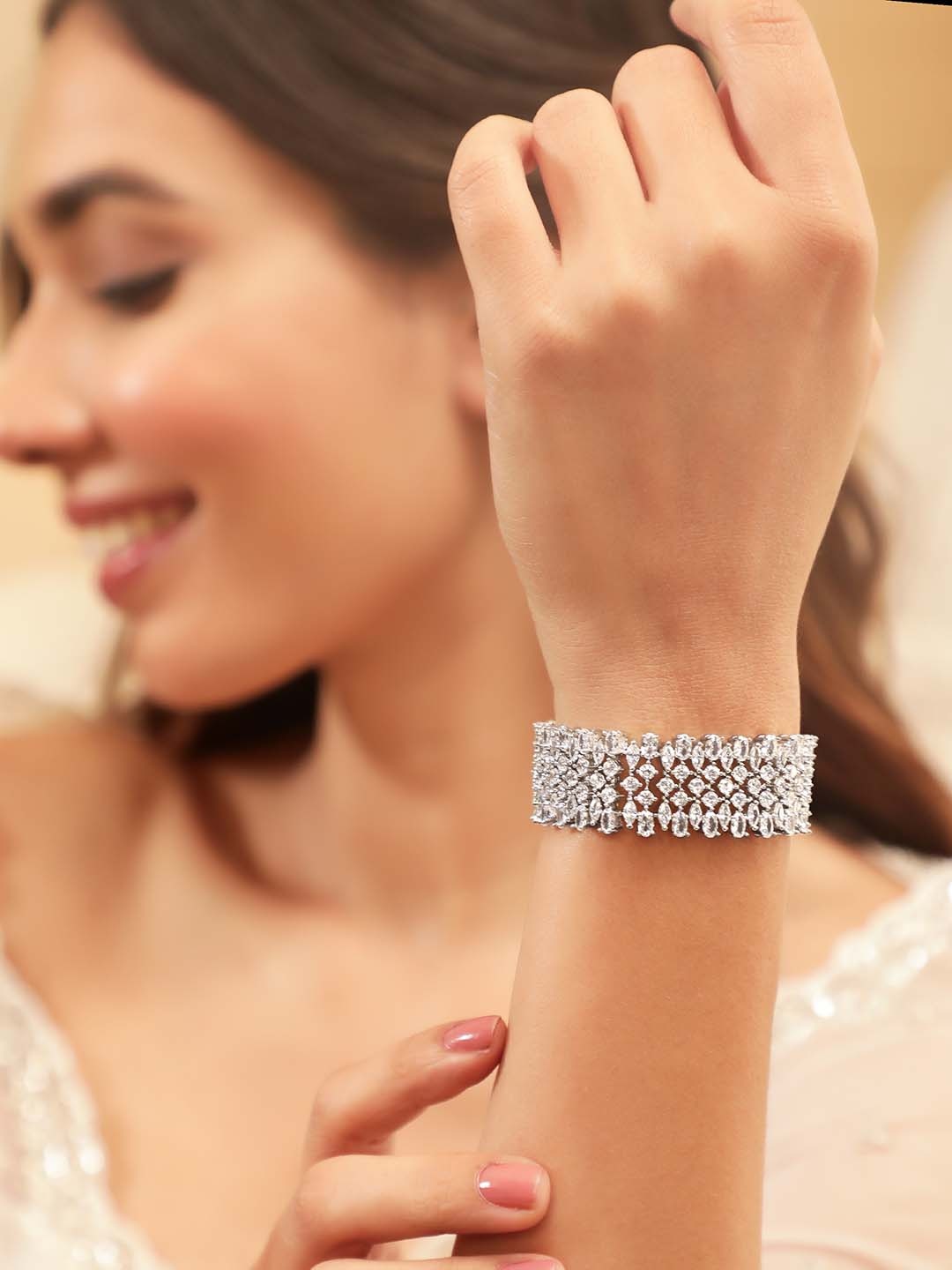 

Rubans Brass Cubic Zirconia Rhodium-Plated Bangle-Style Bracelet, Silver