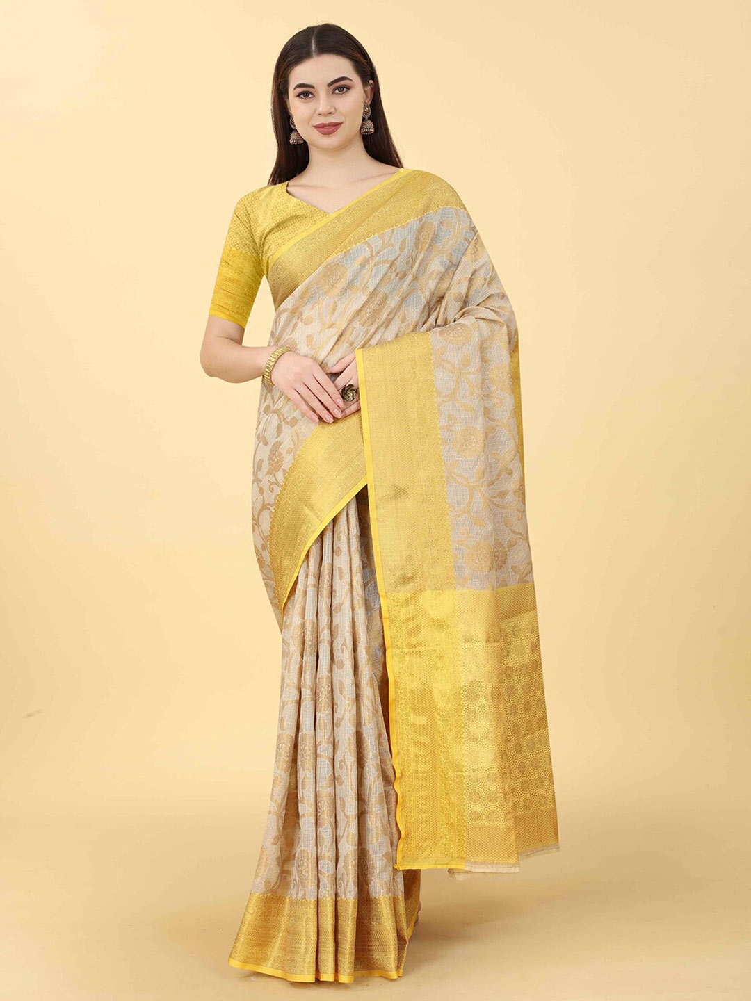 

VANAKARA Woven Design Zari Jute Silk Tussar Saree, Yellow