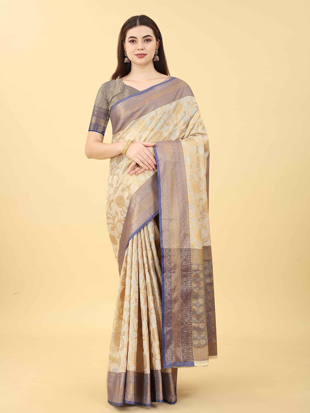 

VANAKARA Woven Design Zari Jute Silk Tussar Saree, Navy blue