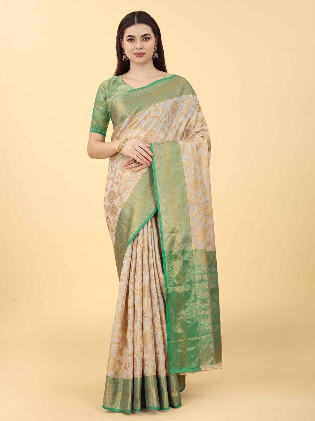 

VANAKARA Woven Design Zari Jute Silk Tussar Saree, Green