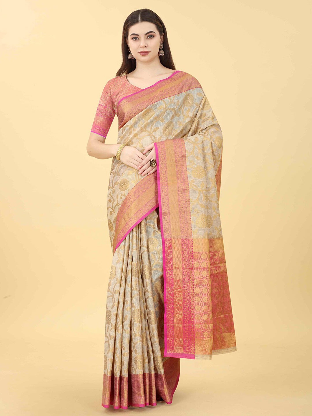 

VANAKARA Woven Design Zari Jute Silk Tussar Saree, Pink