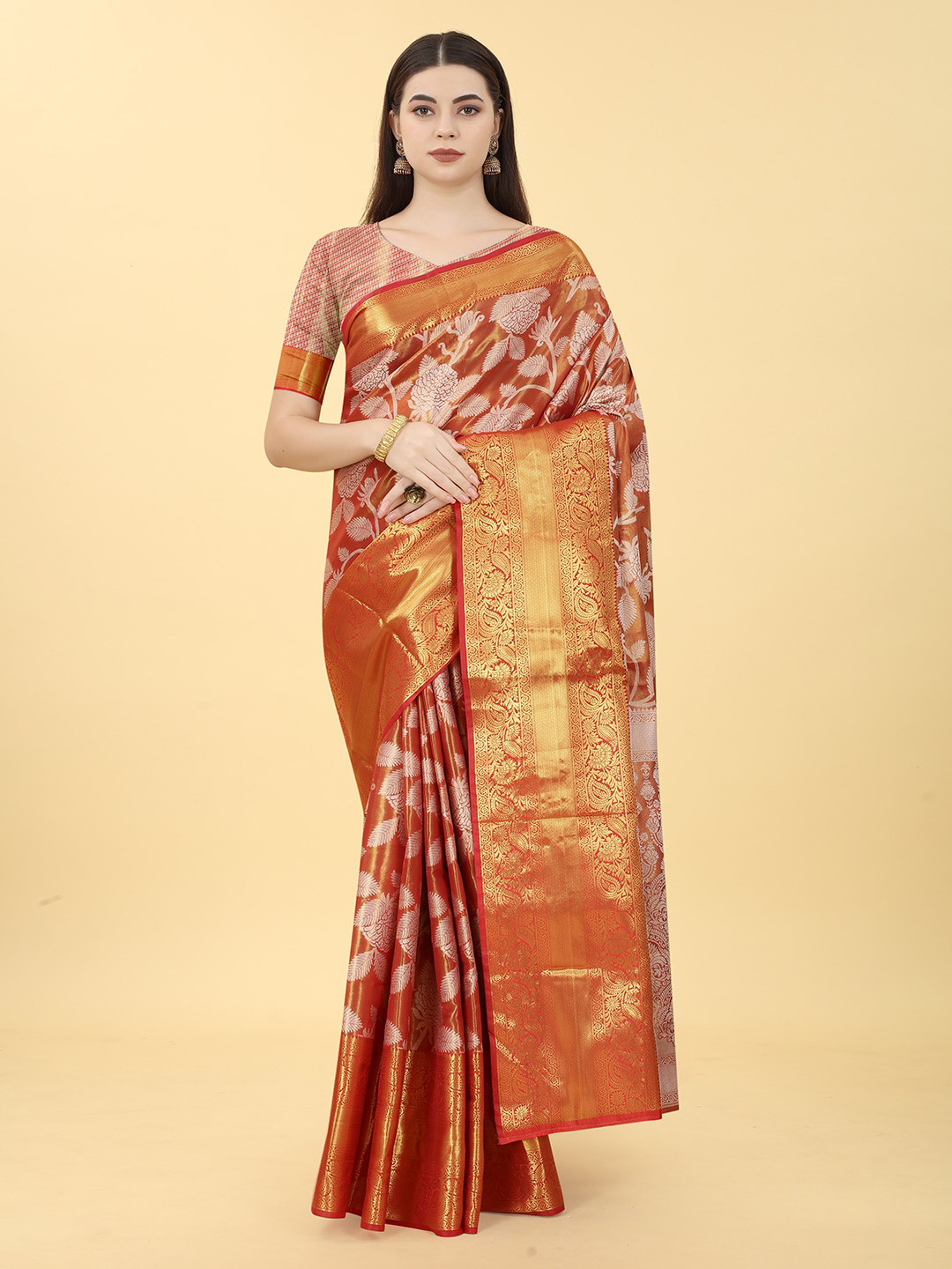 

VANAKARA Ethnic Motifs Woven Design Zari Kanjeevaram Saree, Red