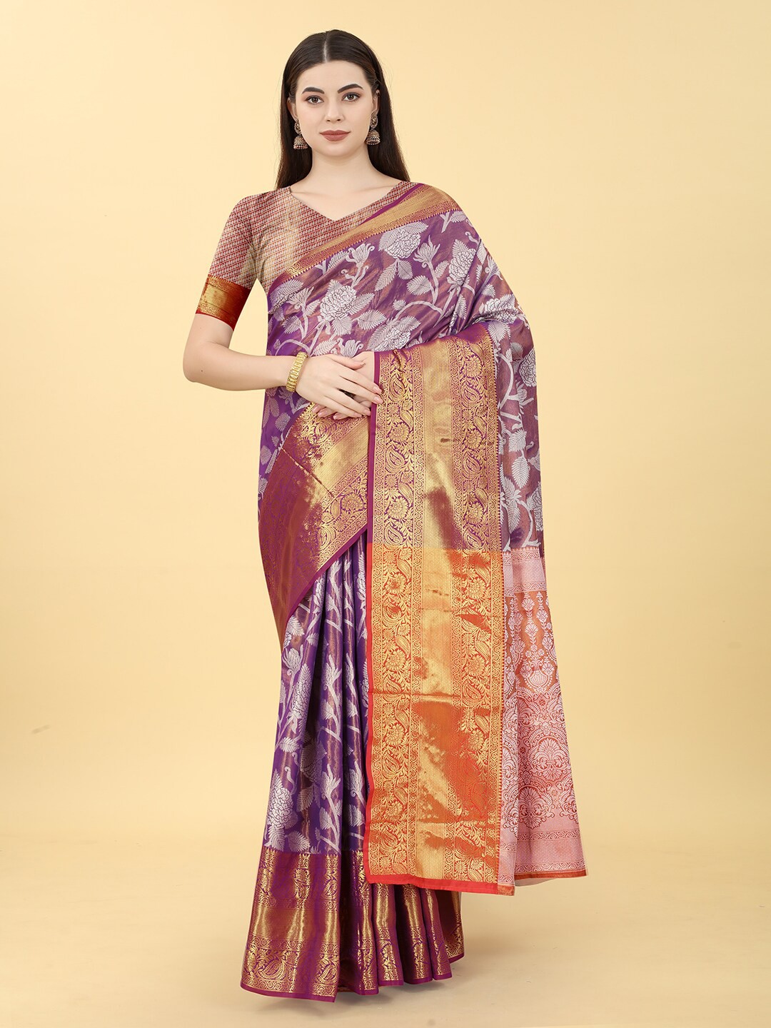 

VANAKARA Woven Design Zari Art Silk Kanjeevaram Saree, Purple