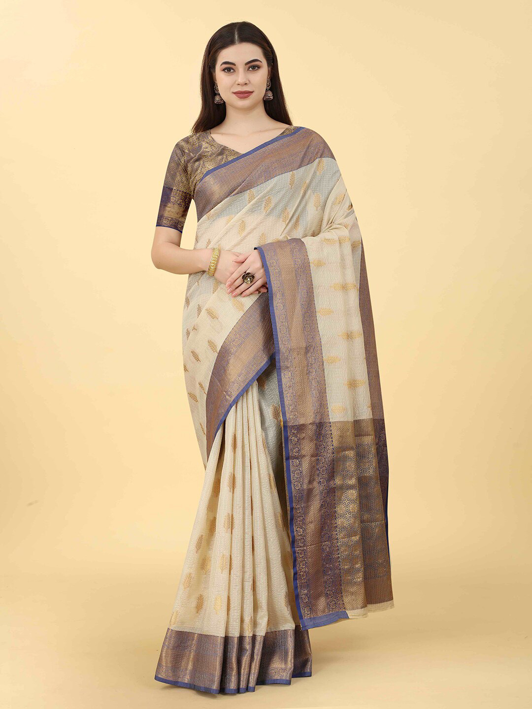 

VANAKARA Woven Design Zari Jute Silk Tussar Saree, Cream