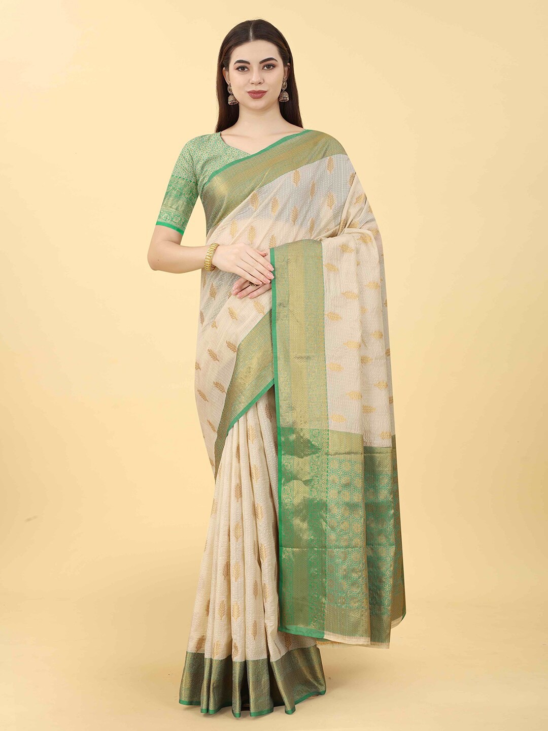 

VANAKARA Woven Design Zari Jute Silk Tussar Saree, Green
