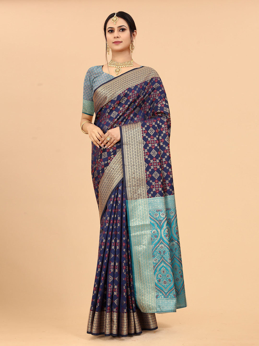

VANAKARA Ethnic Motifs Woven Design Zari Patola Saree, Navy blue