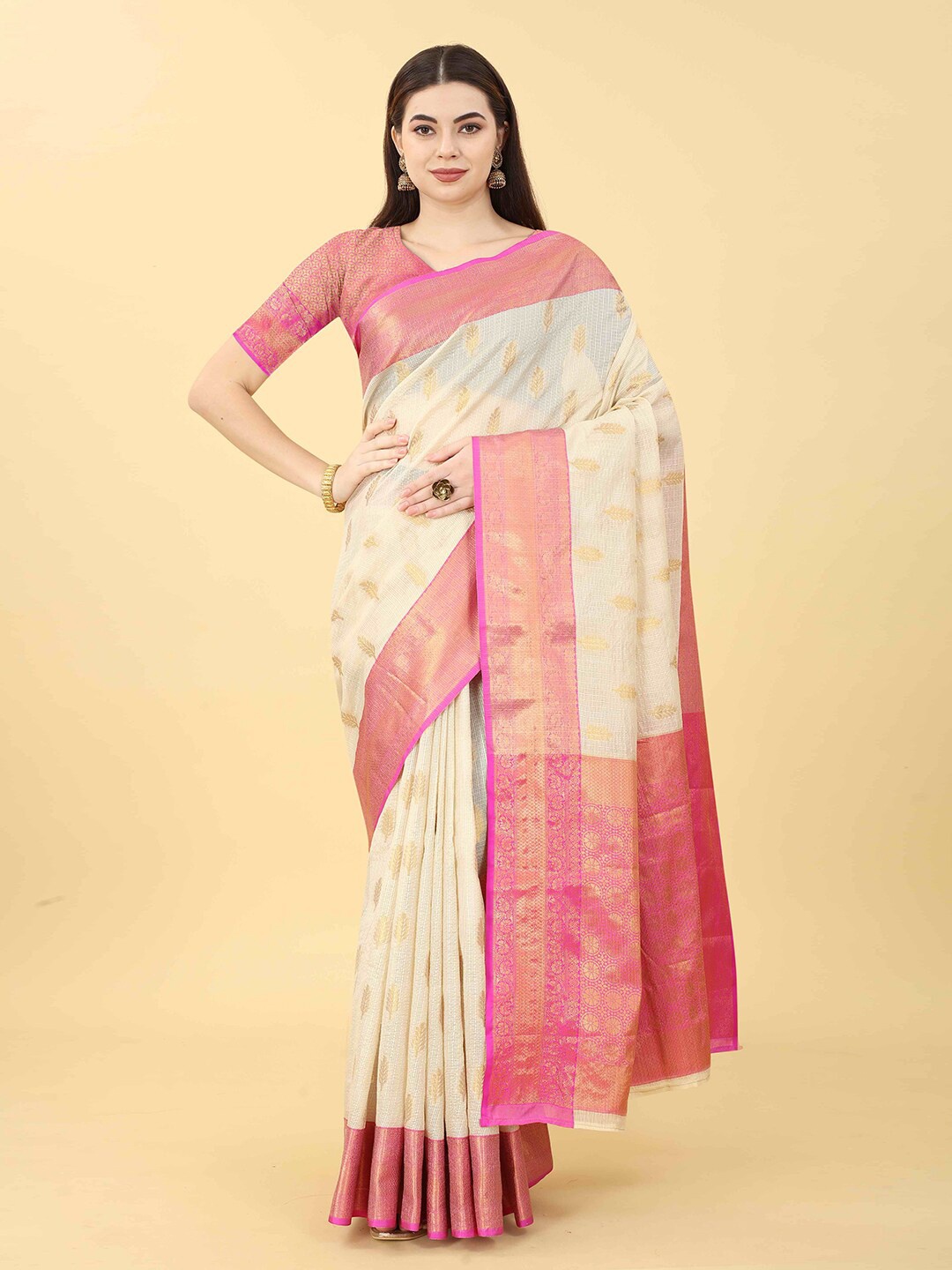 

VANAKARA Woven Design Zari Jute Silk Tussar Saree, Pink