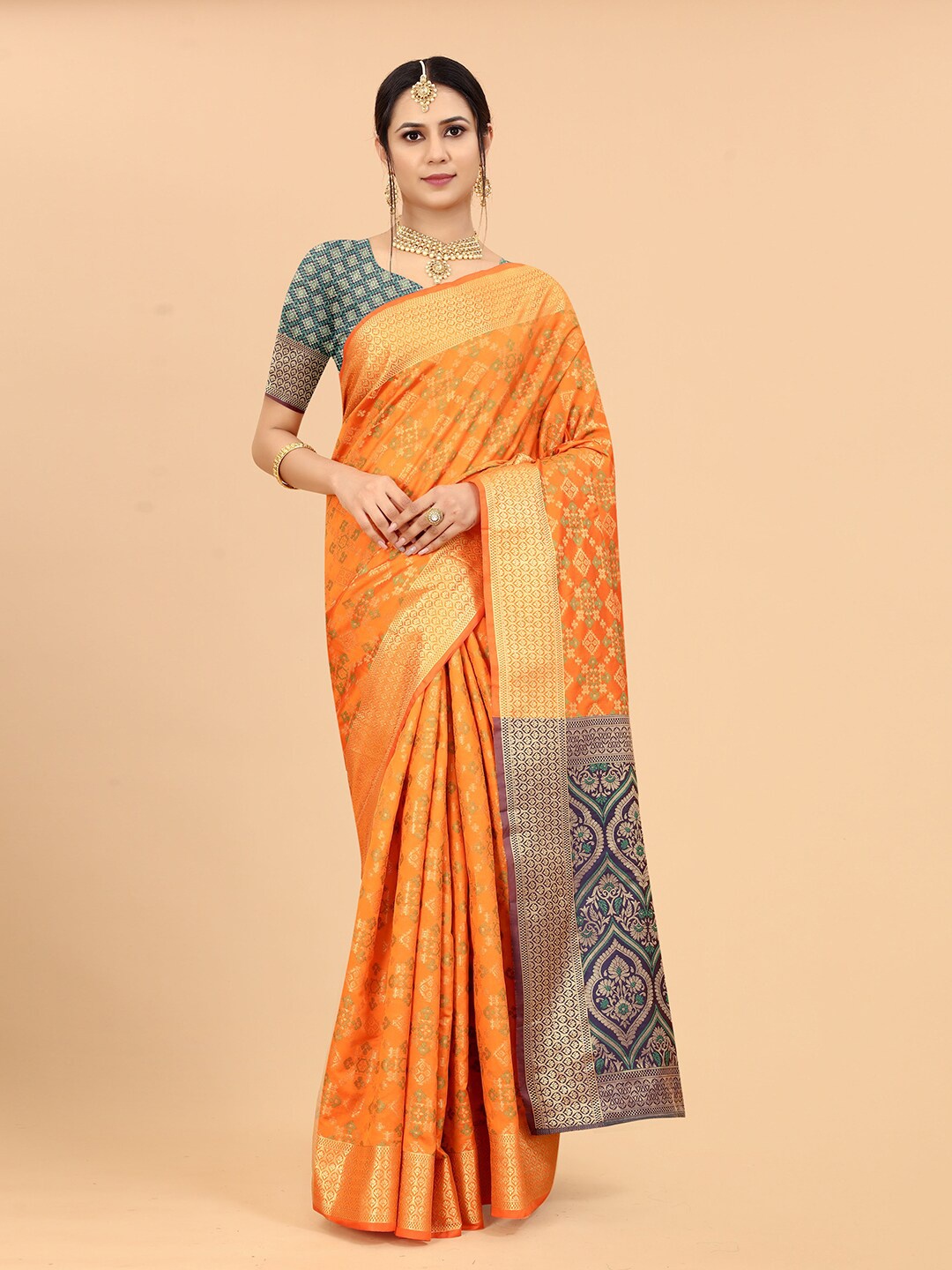 

VANAKARA Woven Design Zari Art Silk Patola Saree, Orange