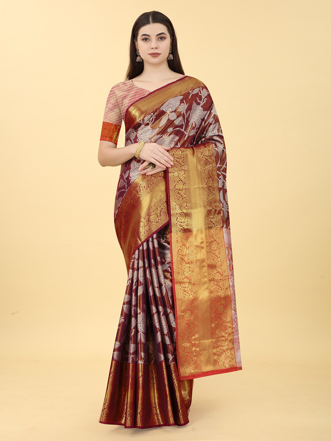 

VANAKARA Woven Design Zari Art Silk Kanjeevaram Saree, Brown