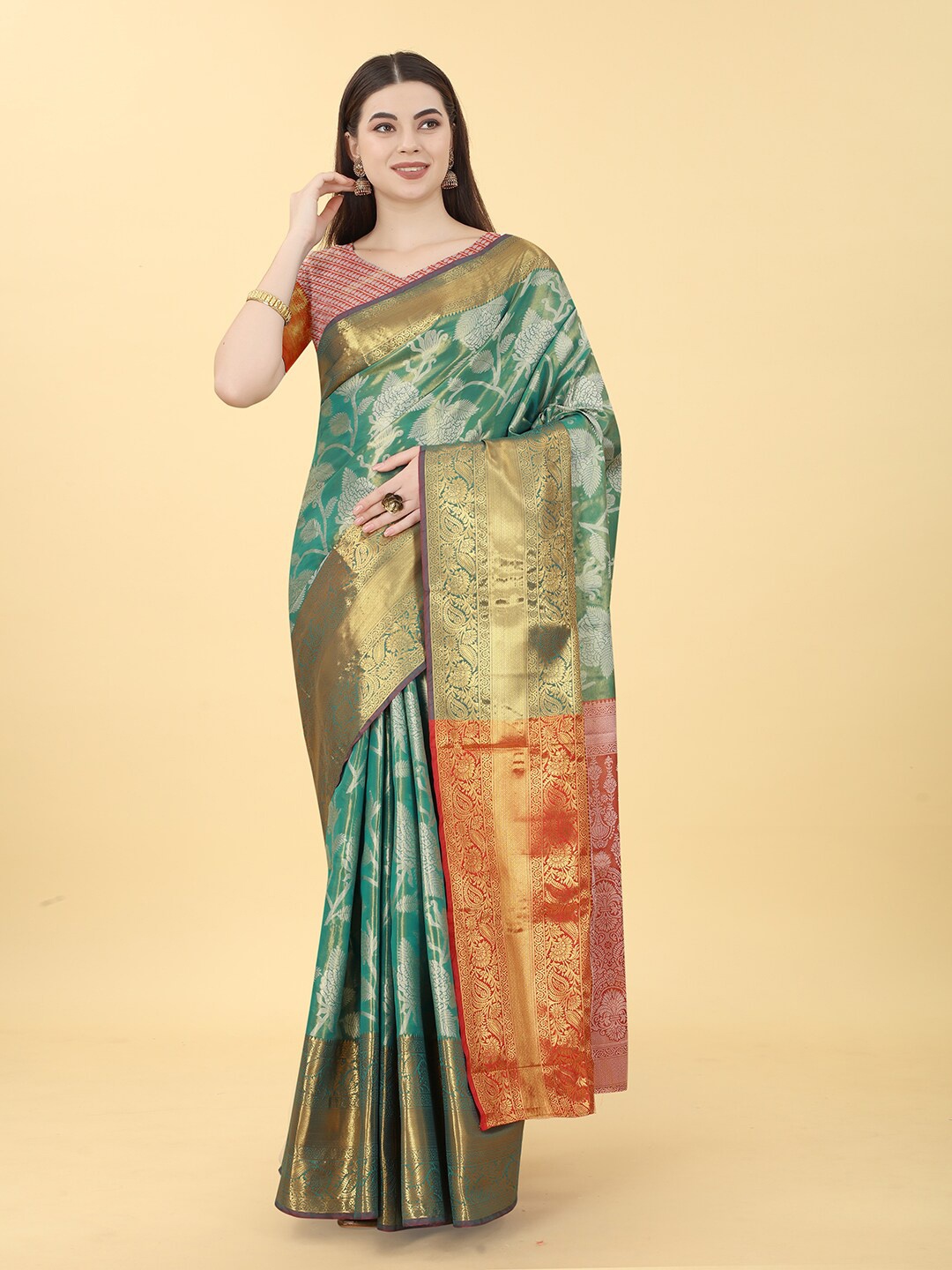 

VANAKARA Woven Design Zari Art Silk Kanjeevaram Saree, Teal