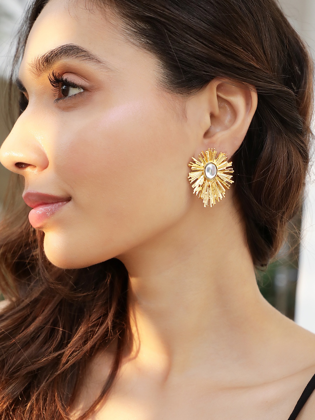 

Rubans 18K Gold Plated StainlessSteel Tarnish-Free Waterproof White Stone Studded Earrings