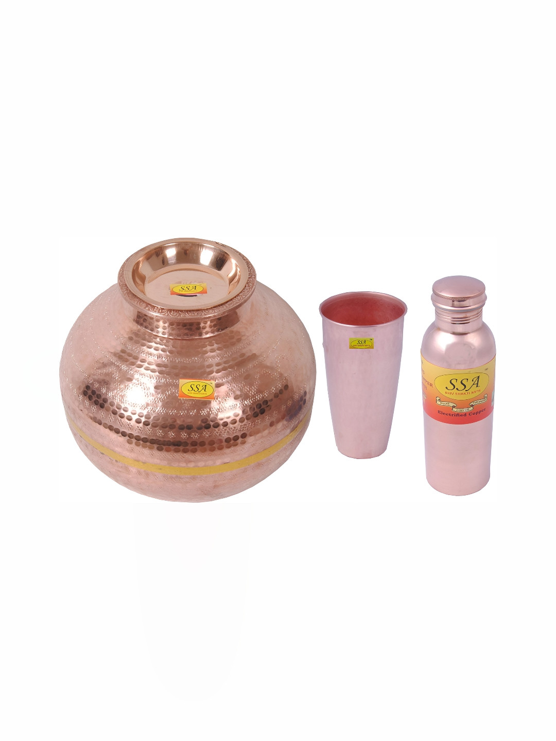 

Shivshakti Arts Copper-Toned 3 Pieces Metal Water Bottle with Glass