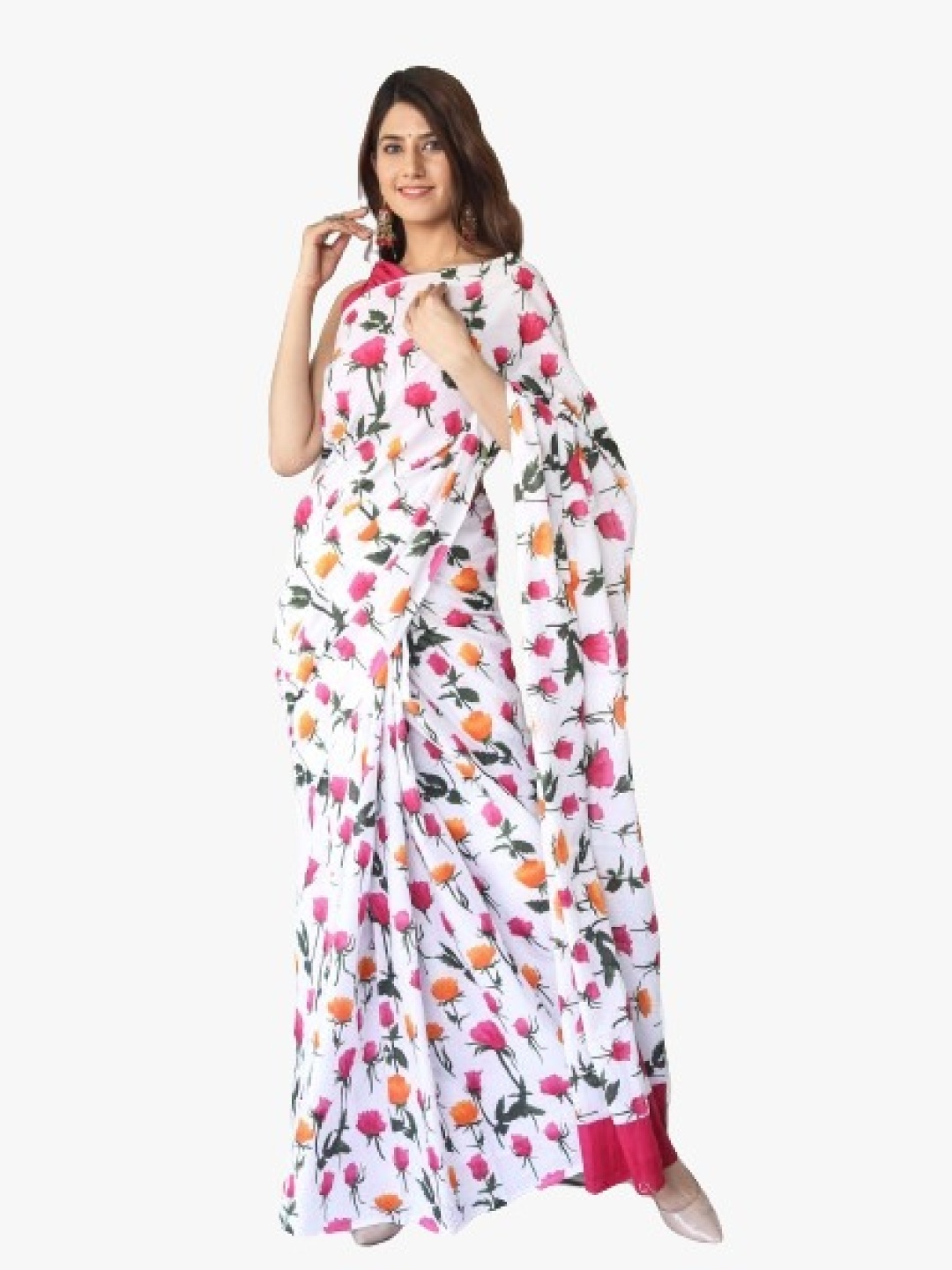 

KIAARON Floral Pure Cotton Block Print Saree, White