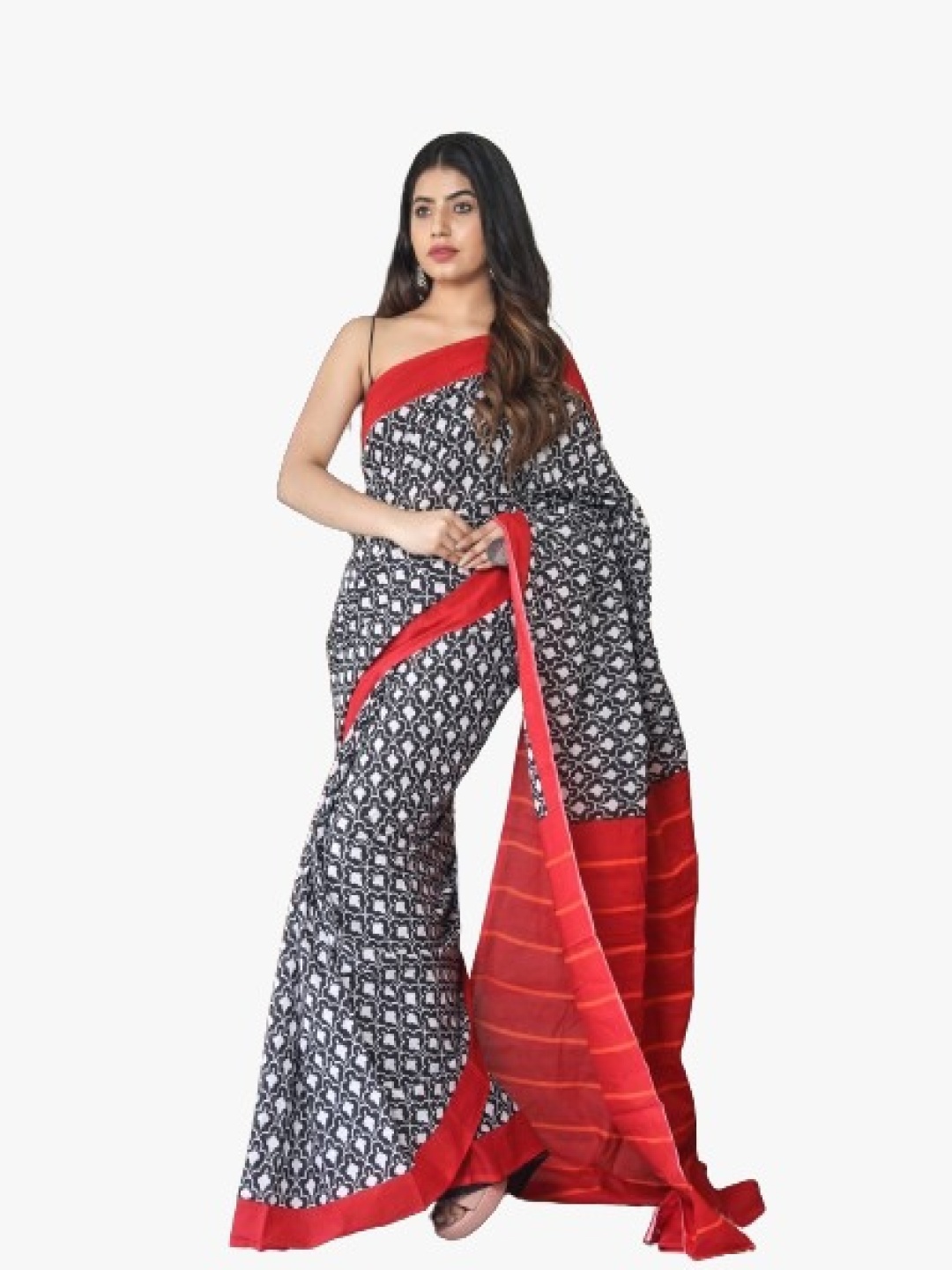 

KIAARON Ethnic Motifs Pure Cotton Block Print Saree, Red