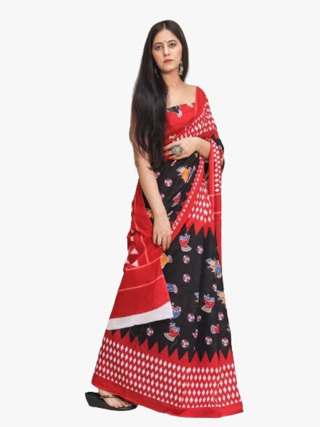 

KIAARON Ethnic Motifs Pure Cotton Block Print Saree, Black