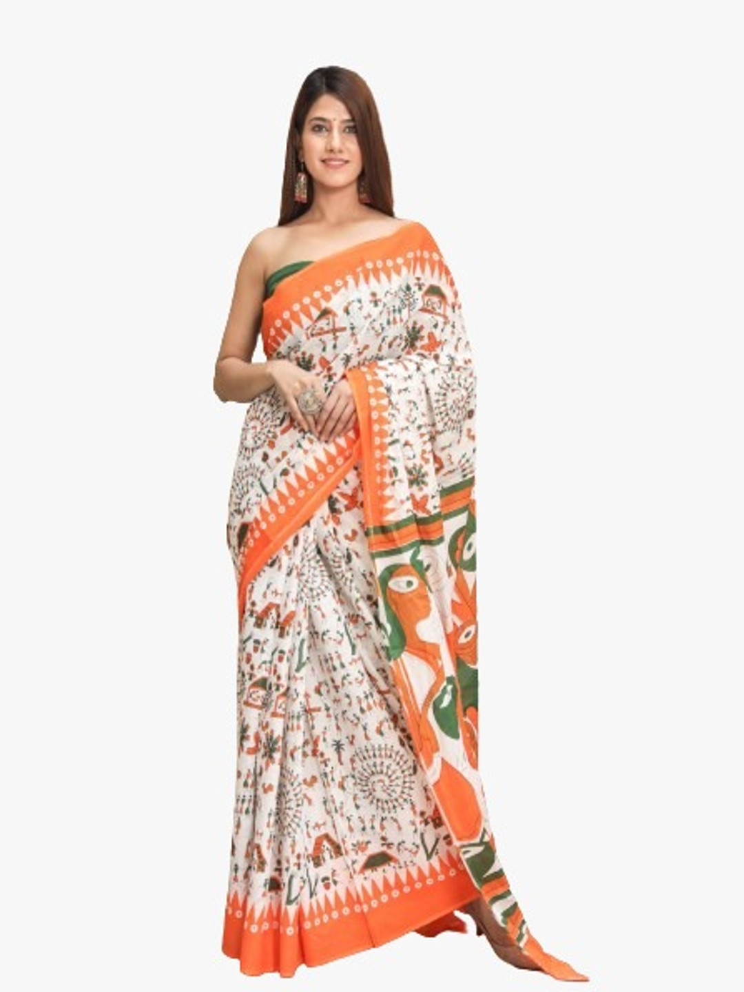 

KIAARON Ethnic Motifs Pure Cotton Block Print Saree, Orange