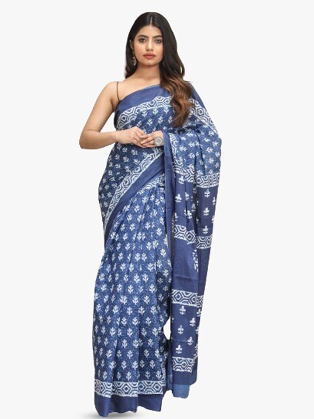 

KIAARON Ethnic Motifs Pure Cotton Block Print Saree, Blue