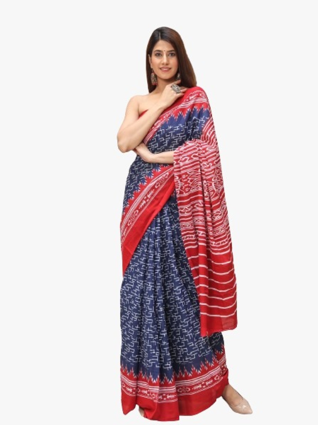 

KIAARON Ethnic Motifs Pure Cotton Block Print Saree, Red