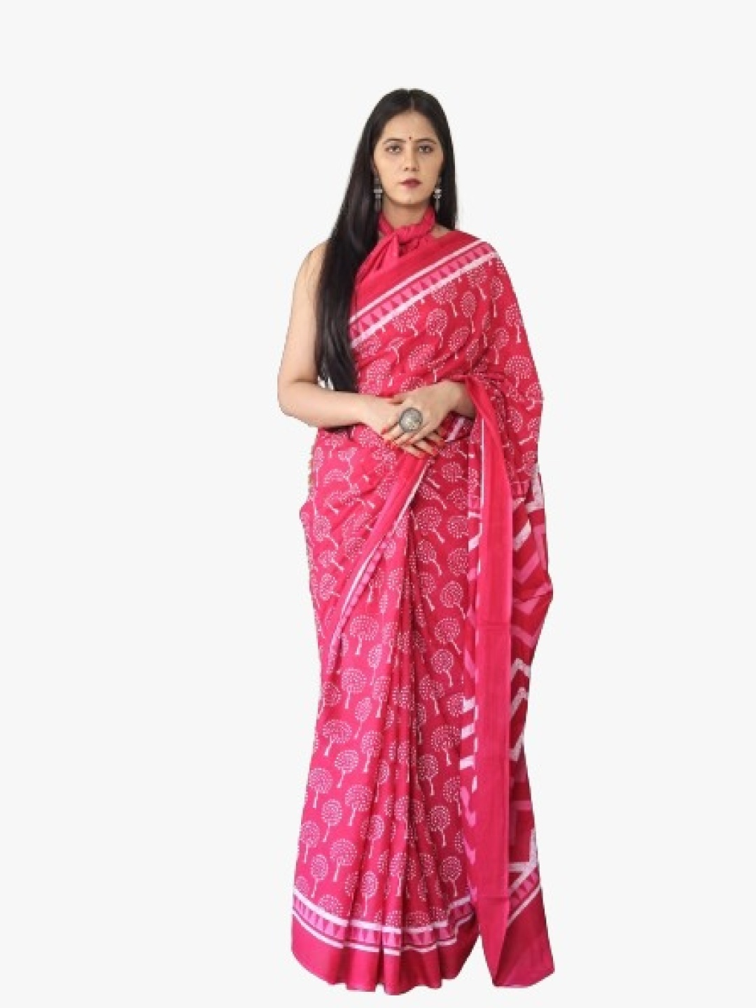 

KIAARON Ethnic Motifs Pure Cotton Block Print Saree, Pink