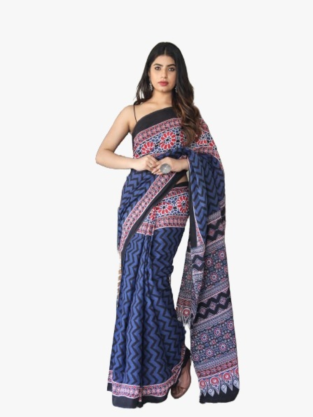 

KIAARON Floral Pure Cotton Block Print Saree, Blue