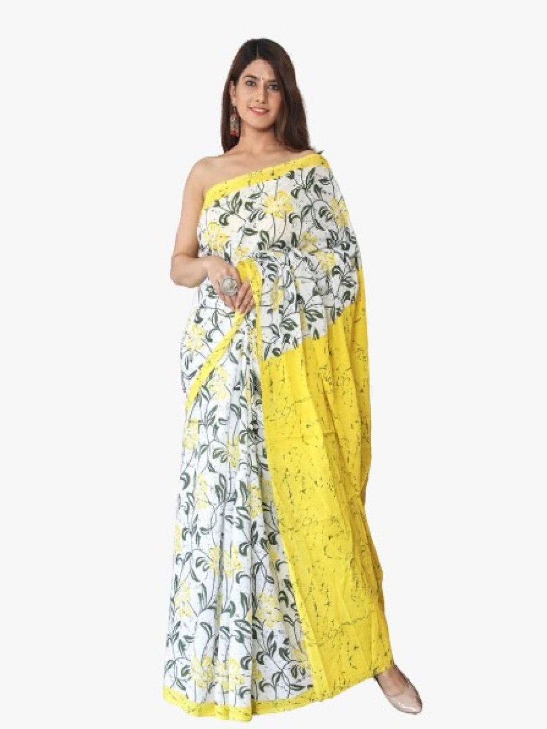 

KIAARON Ethnic Motifs Pure Cotton Block Print Saree, White